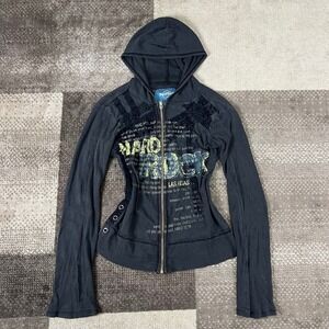 Hard Rock Cafe Las Vegas Womens Small Black Ribbed Full Zip Hoodie Y2K Grunge